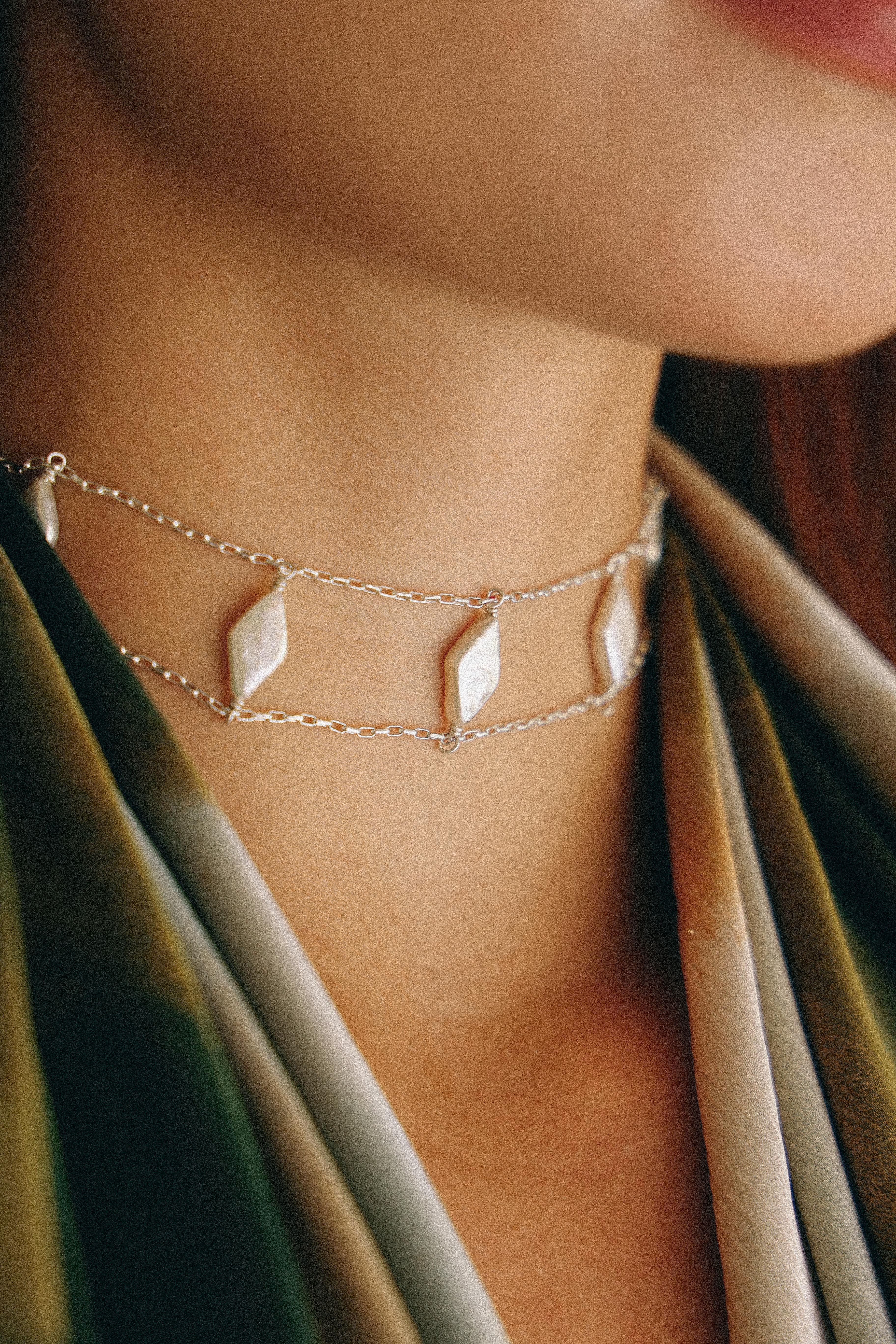 COLLAR CHOKER DE PLATA Y PERLAS ROMBO